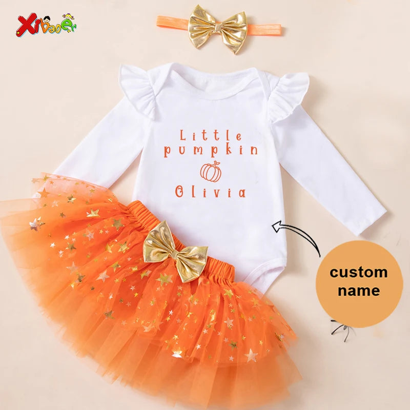 Halloween Outfit One Little Pumpkin Name My First Halloween Baby Girl 1st Ruffle Long Sleeve Romper Tutu Skirt Set Party Costume