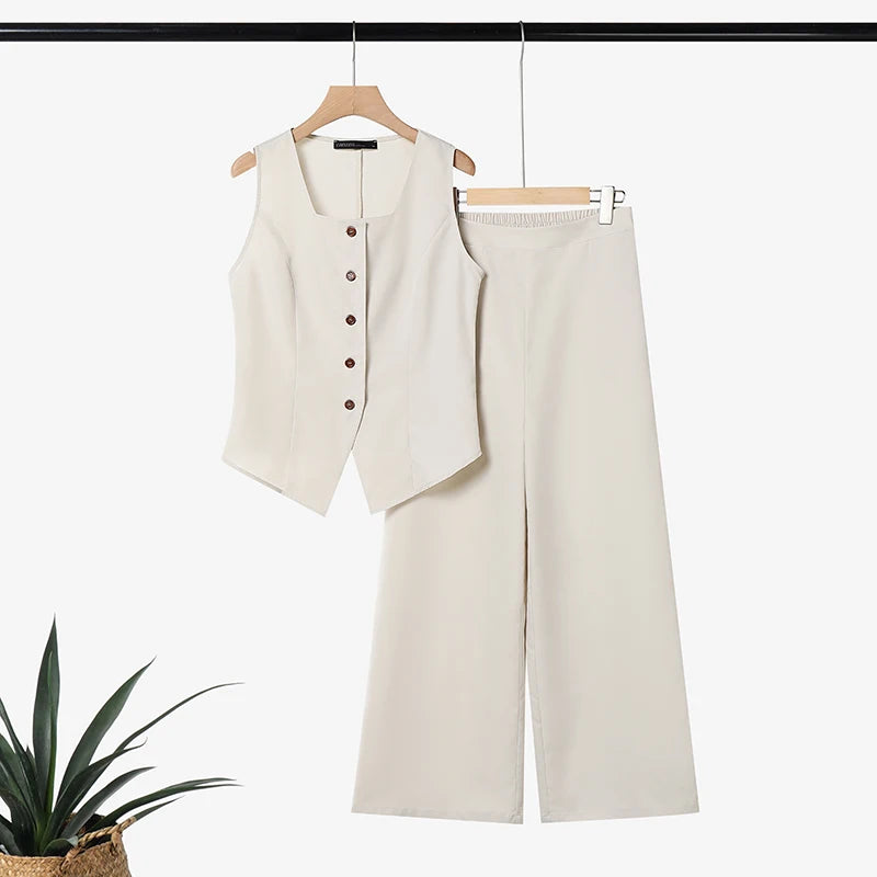 ZANZEA Women Summer Matching Pant Sets Square Neck Vests & Elastic Waist Pants 2 Piece Suits Casual Office Work Commute Outfits