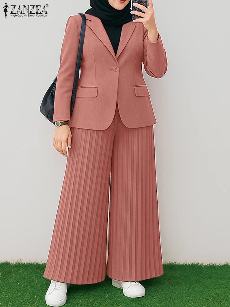 ZANZEA Autumn Office Outfits Women 2 Piece Sets Elegant Long Sleeve Blazer Wide Leg Pleated Trousers Suit Muslim Tracksuits 2025
