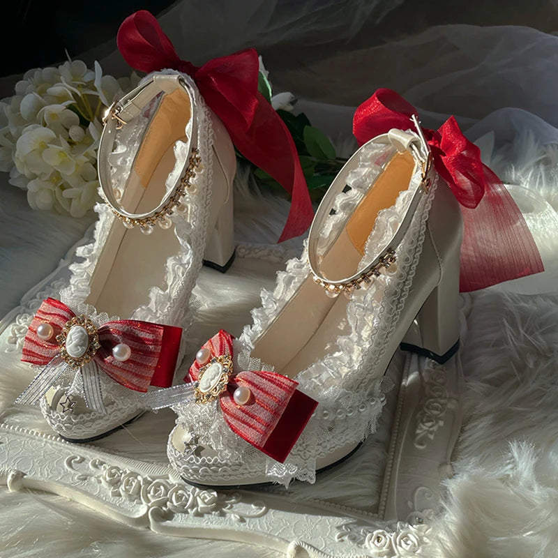 Lolita Original Handmade Lo Shoes Thick Heels Round Head High Heels Japanese Sweet Princess Girl Loli Tea Party Single Shoes