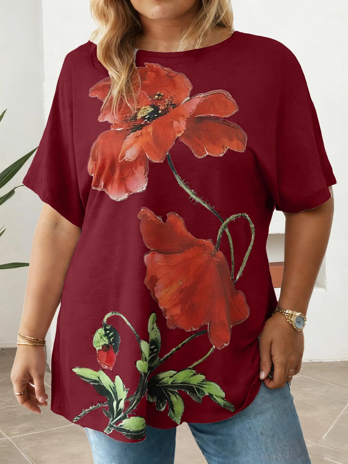 Plus Size Ladies Printed T-Shirt Loose Fit Multi-color Casual Short Sleeve O-Neck Daily Wear Tees