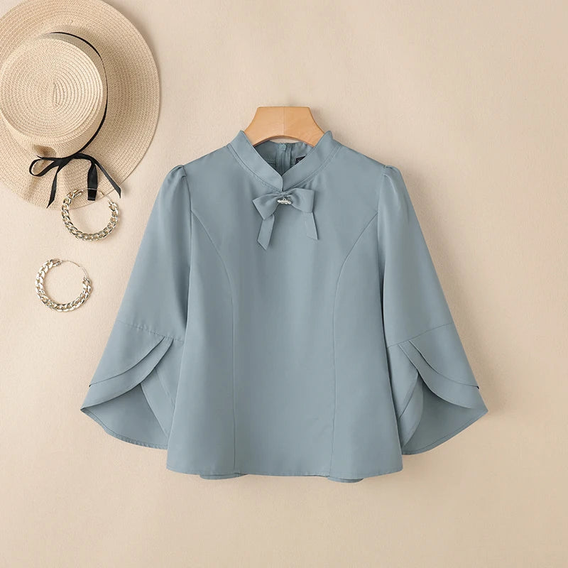 ZANZEA Women's Elegant Bow Tie Blouses Classy 3/4 Petal Sleeves Mandarin Collar Princess Seams Back Zipper Tops Woman Clothes