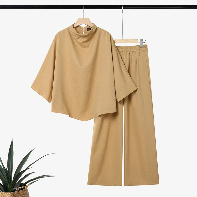 ZANZEA Stylish Autumn 2 Pieces Sets Turtleneck 3/4 Bating Sleeve Oversize Blouse Trousers Suit Women 2PCS Outfits OL Tracksuit