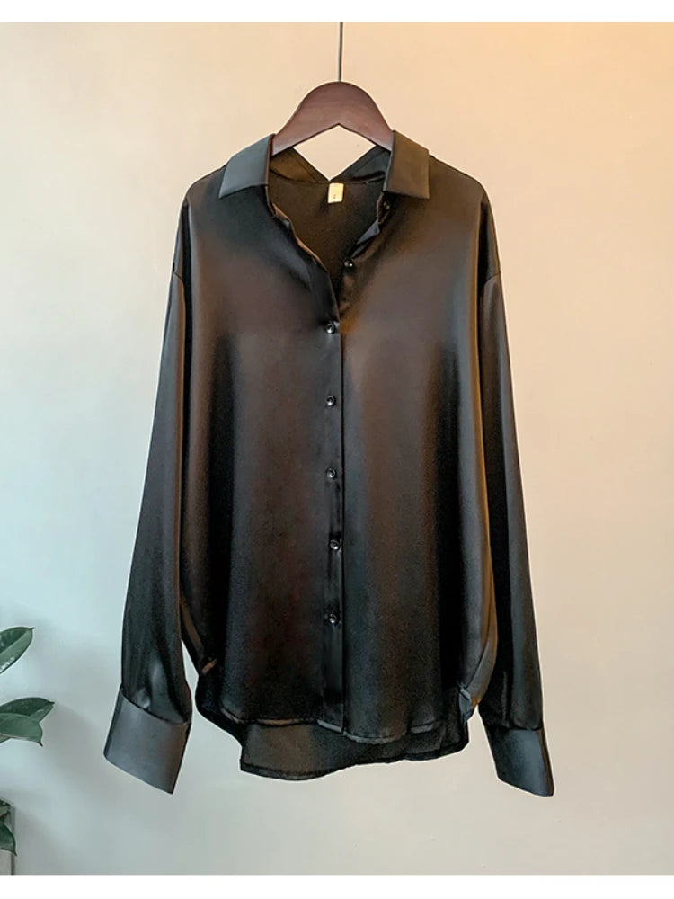 Gadinus Women Solid Color Long Sleeve Button Up Shirt Loose Fit Curved Hem Casual Blouse Top
