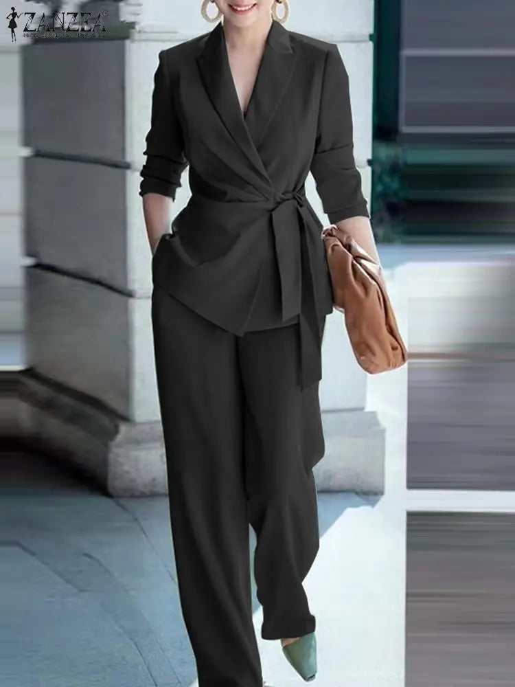 2023 ZANZEA Women Suit Autumn 2CPS Long Sleeve Lapel Blouse Causal Wide Leg Pants Sets Elegant Lady Office Blazer Matching Sets