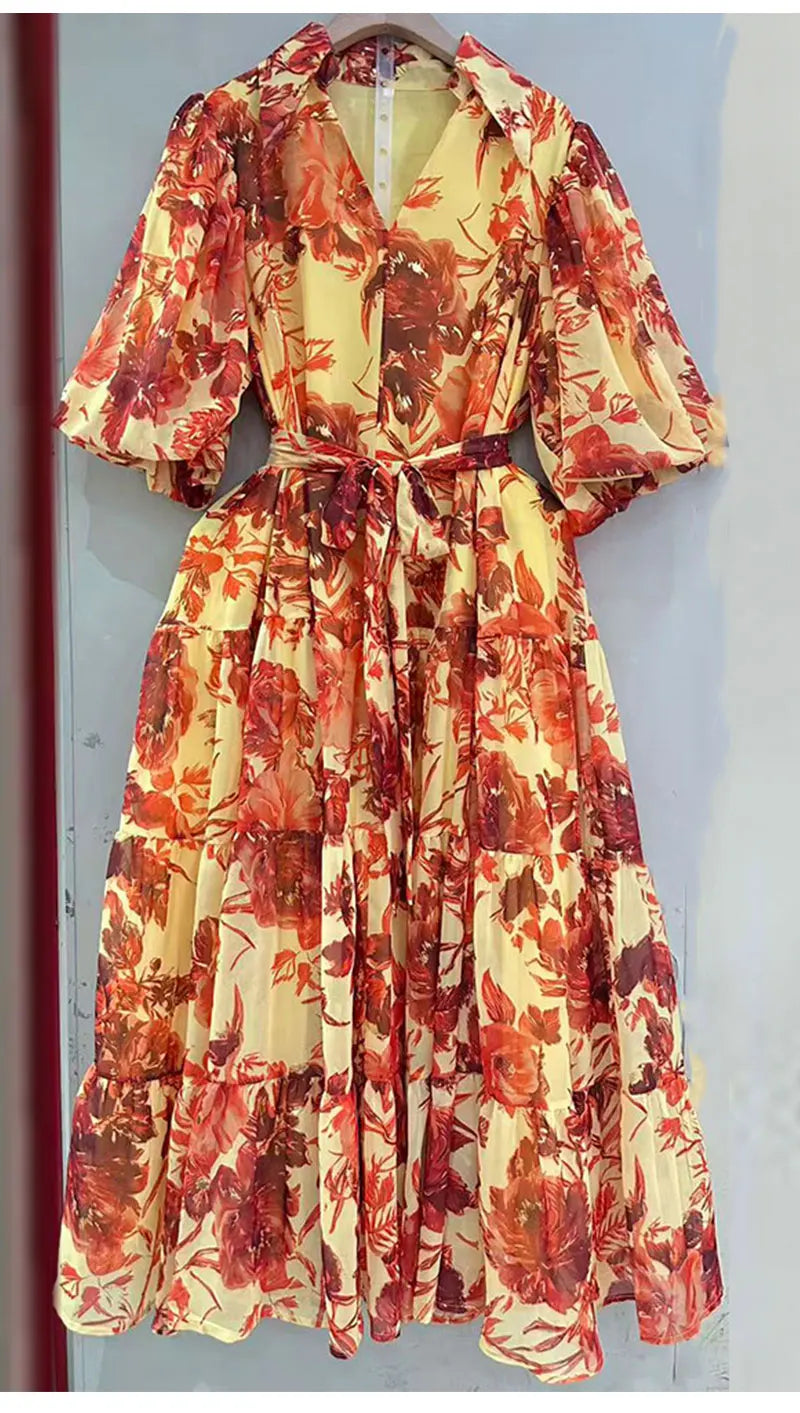 2026 Summer women's new lapel bubble short sleeve printing waist lace-up dress temperament French elegant swing holiday dress.