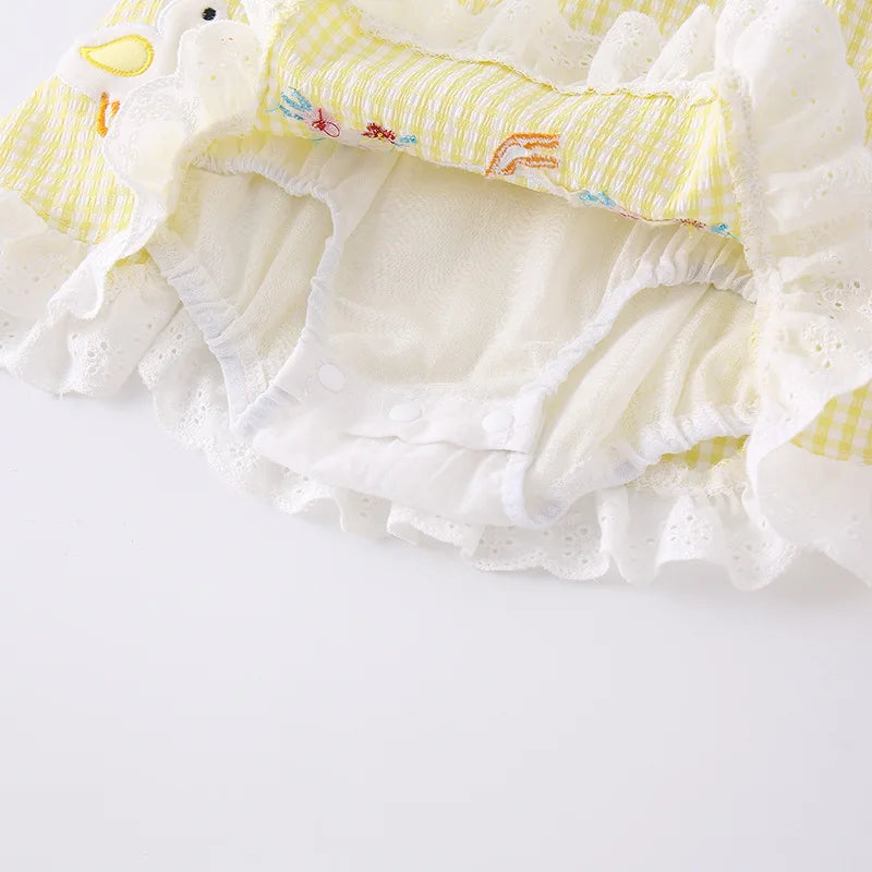 2026 Summer Baby Romper Cute Duck Floral Embroidery Ruffle Trim Bodysuit for Girls Plaid Sleeveless Infant Clothes