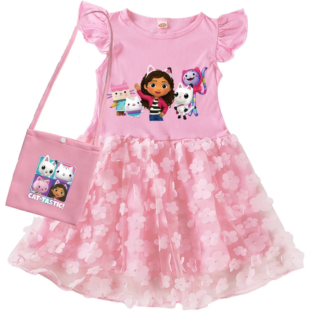 Vestidos Gabbys Dollhouse Costume Kids Cartoon Gabby Chat Dress Baby Girls Summer Short Sleeve Casual Dresses and Bag & Headband
