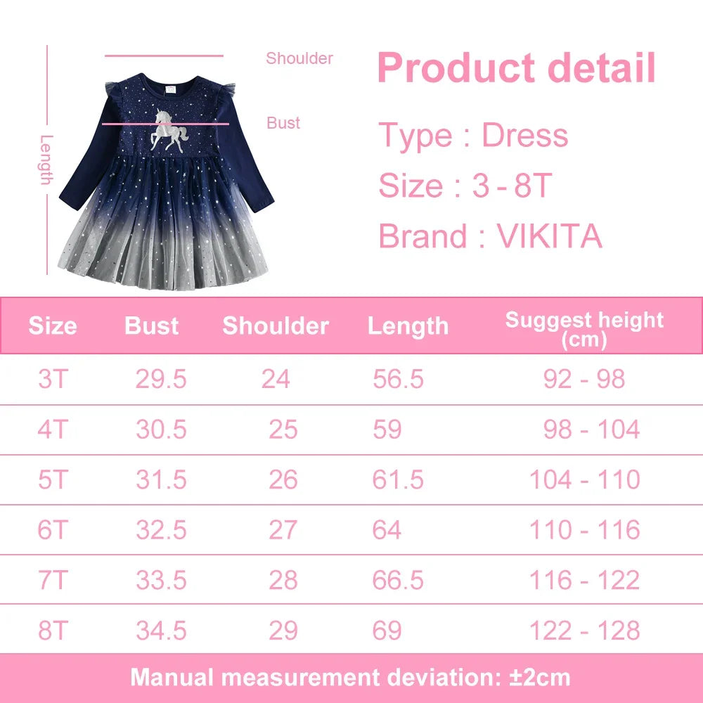 VIKITA Kids Unicorn Dresses for Girls Birthday Party Prom Gown Princess Dress Kids Long Sleeve Spring Autumn Dress Girl Clothes