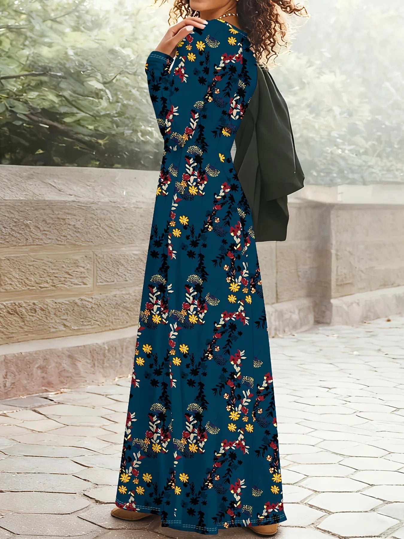 Printed design Casual Style Floral Print On Teal Dress Women's Long Sleeve Dress