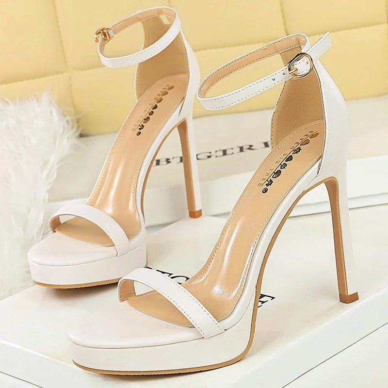 BIGTREE Shoes Summer High-Heeled Sandals Women's Shoes Sexy Party Shoes Peep-Toe High Heels Stiletto 11 CM Buckle Ladies Shoes