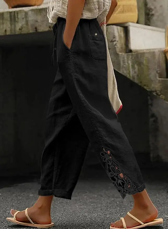 2026 Women's Pants Elastic Waist Solid Color Lace Spliced Drawstring Pocket Simple Fashion Basic Casual 9-point Pants