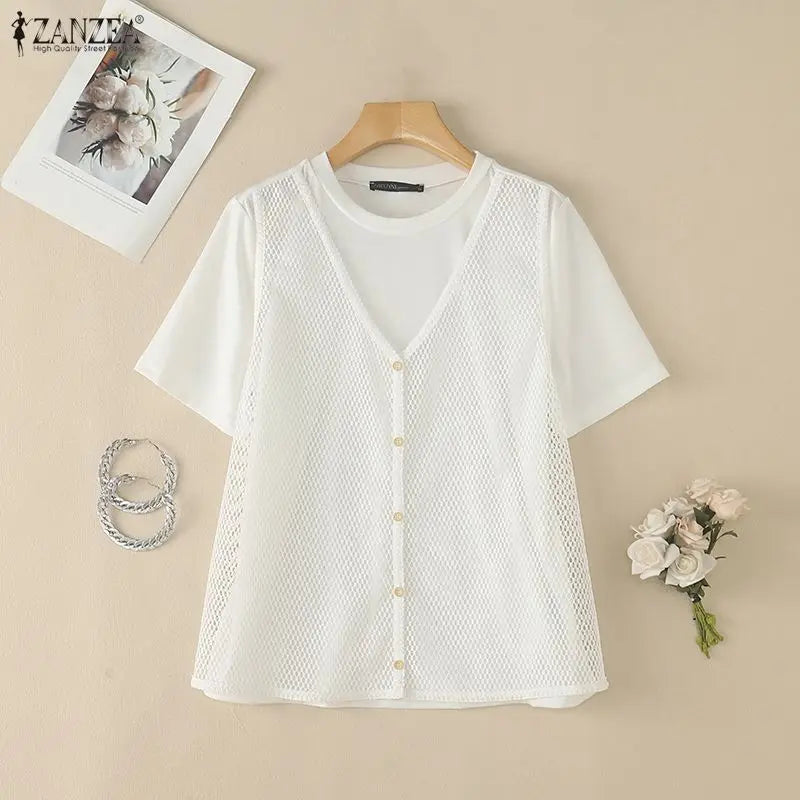 ZANZEA Summer Women Blouses Hollow Out Mesh Patchwork Tops Tee Short Sleeve Blusas Streetwear Party Fashion Tunic Oversize