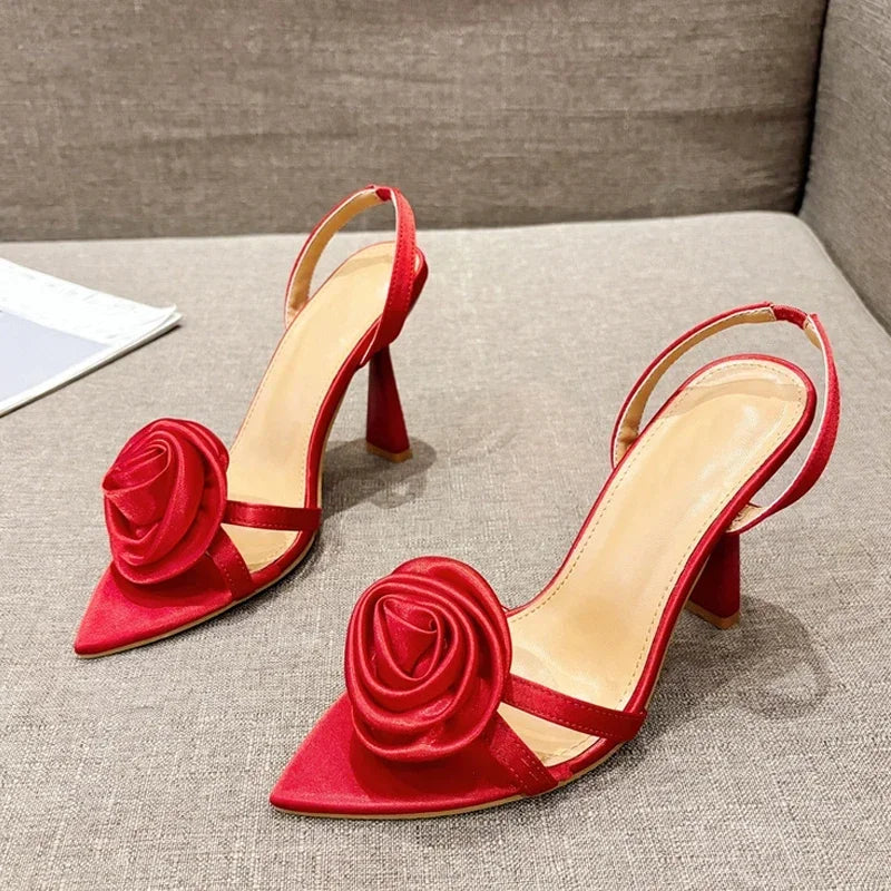 Summer Fashion Silk Rose Flowers Back Strap Heeled Sandals Women Pointed Open Toe Red High Heels Wedding Prom Shoe Zapatos Mujer