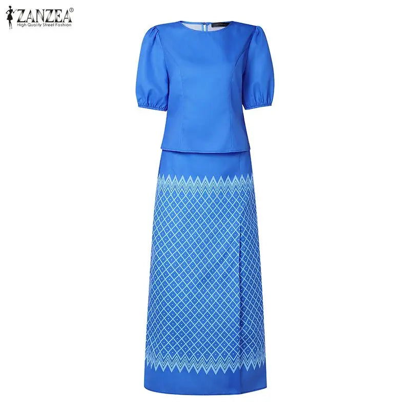 ZANZEA Women 2-Piece Sets Puff Sleeve Solid Crop Top & Geometric Print Maxi Skirt Matching Sets Elegant Date Night Co-ords 3XL