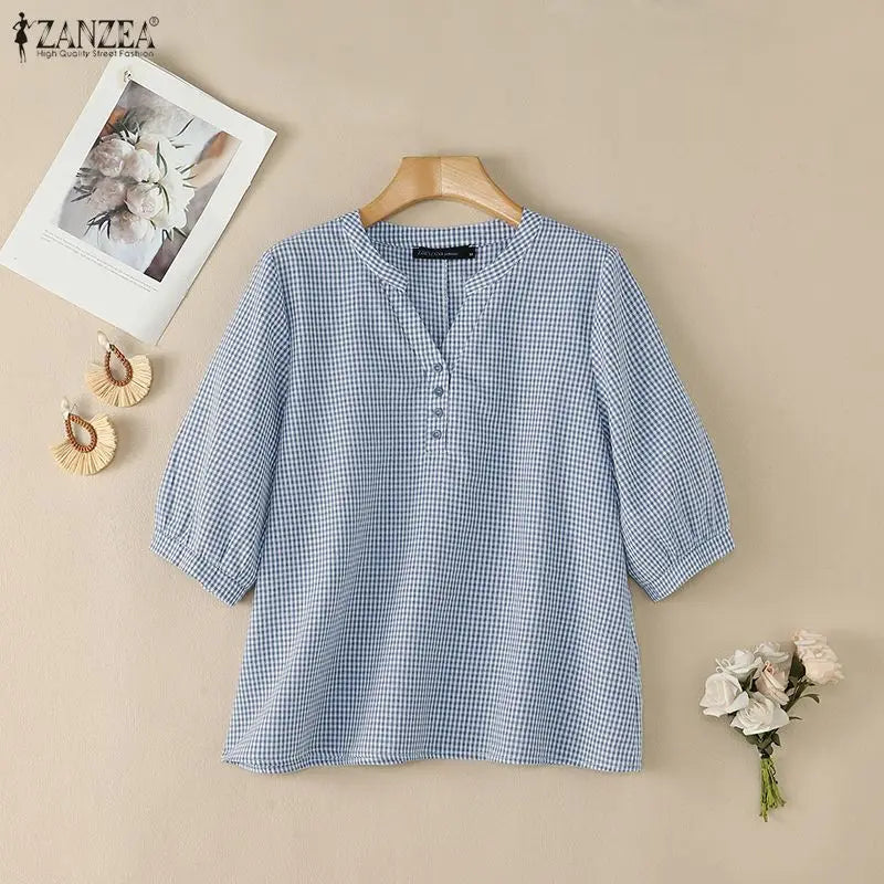 ZANZEA Woman Casual Gingham Blouses V-Neck Half-Button 3/4 Sleeve Plaid Loose Tops 2026 Summer Daily Wear Blusas Mujer 3XL