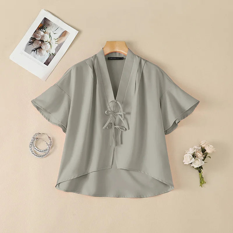 ZANZEA Vintage Kimono Blouses Woman V-Neck Short Sleeve Bow Details High-Low Pullover Tops Casual Day Wear Loose Blusas Mujer