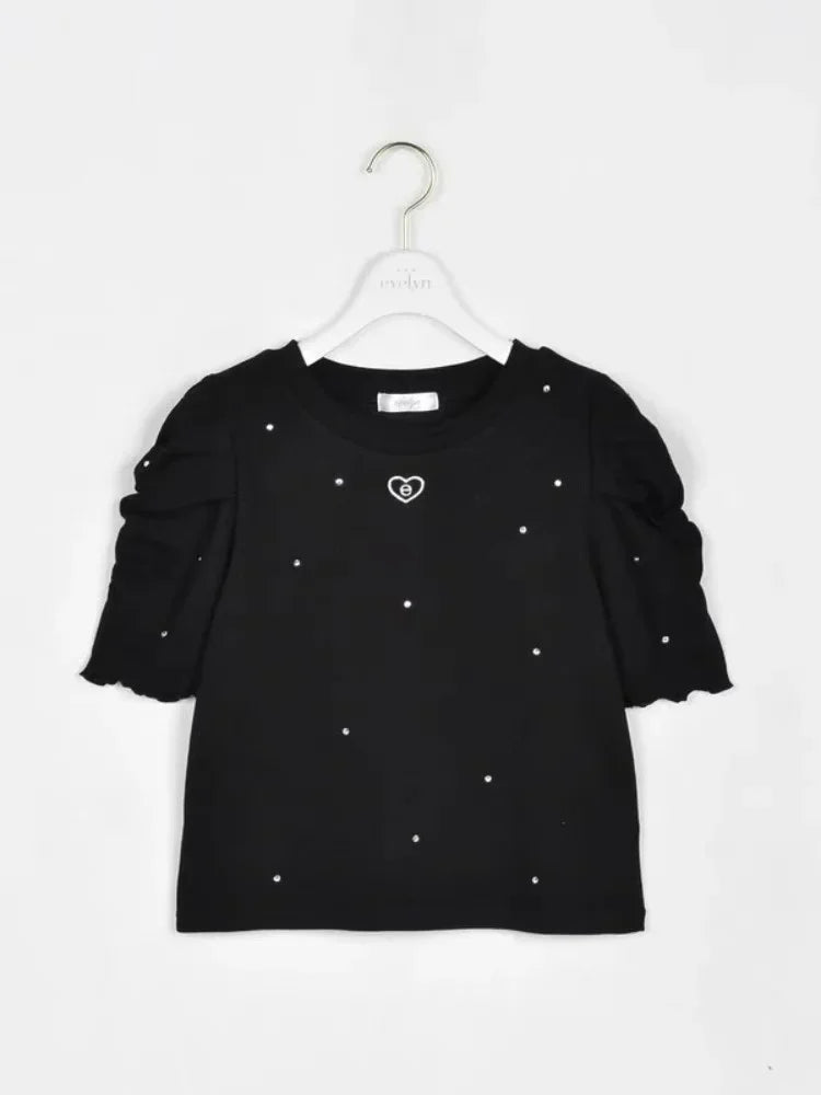 Japanese Style Sweet Lady Crew Neck Tees Bubble Short Sleeve T-shirts Versatile Slim Fit Women's Tops Spring and Summer
