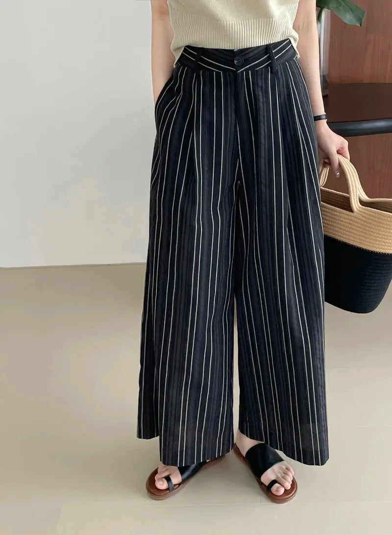 Taochuan Casual Striped Straight Leg Pants Women's Lazy Style High Waist Versatile Slimming Long Trousers Comfortable Fit