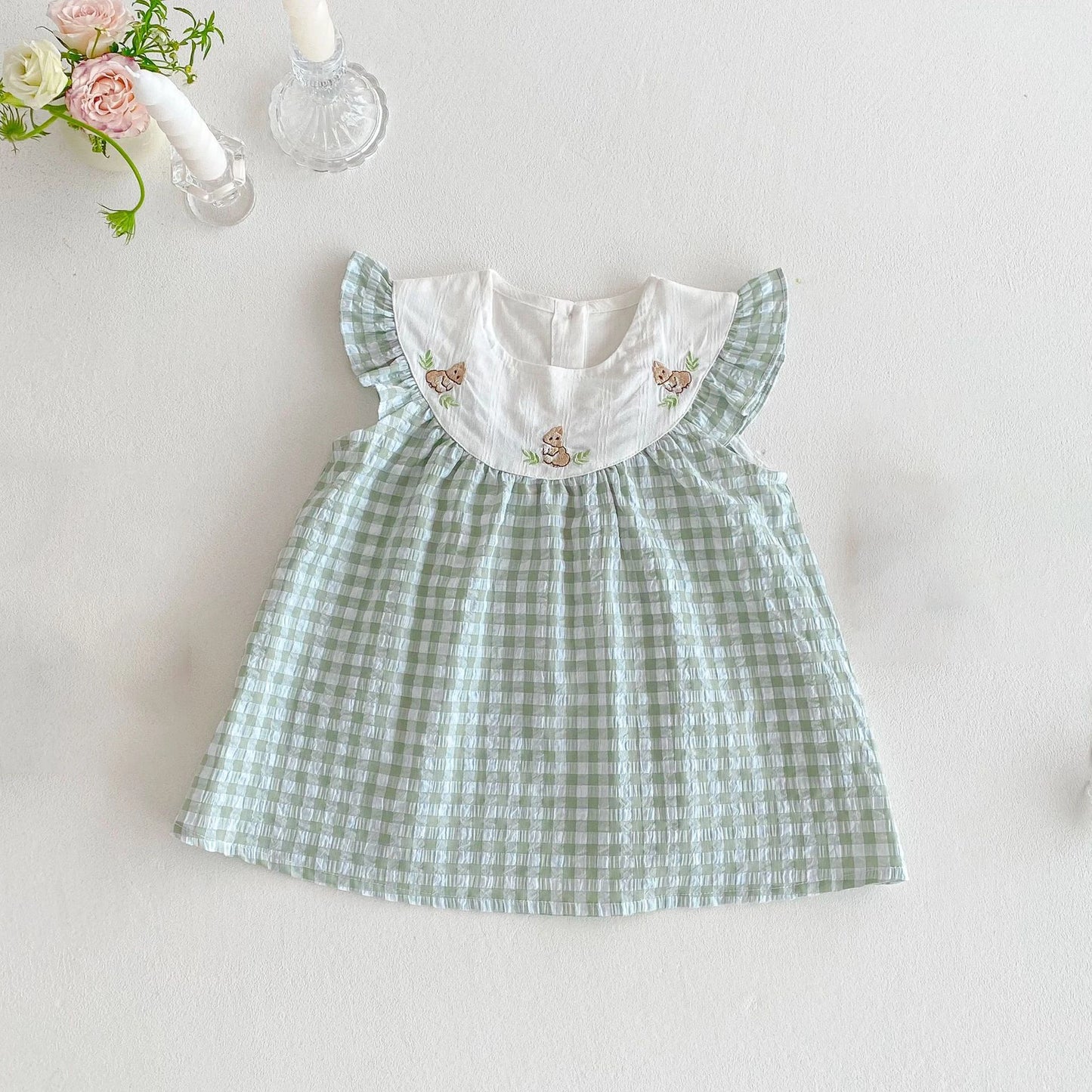 Baby Kid's Summer Plaid Dress 0-5Y Cute Embroidered Bunny Flying Sleeve Children's Dresses Sisters Clothing Baby Girls Bodysuit