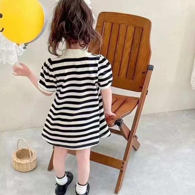 1pcs Children Short Sleeve Dress Kids Leisure Skirts Summer Baby Black White Stripe Skirt Pupil Girls Fashion Clothes 80cm-160cm