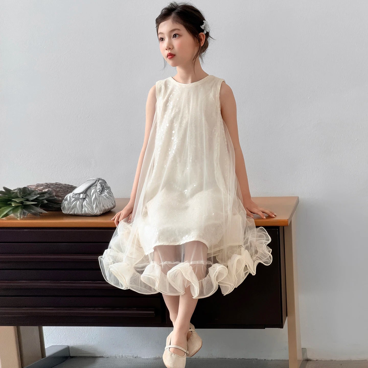 Kids Princess Dresses For Girls White Sleeveless Tulle Ruffle Dress Birthday Party Pageant Wedding Flower Girl Dress 6 -13 Year
