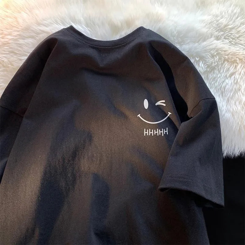 Summer Trendy Simple and Fashionable Printed Short-sleeved T-shirt for Ladies and Boys Same Loose Casual Large-size Top