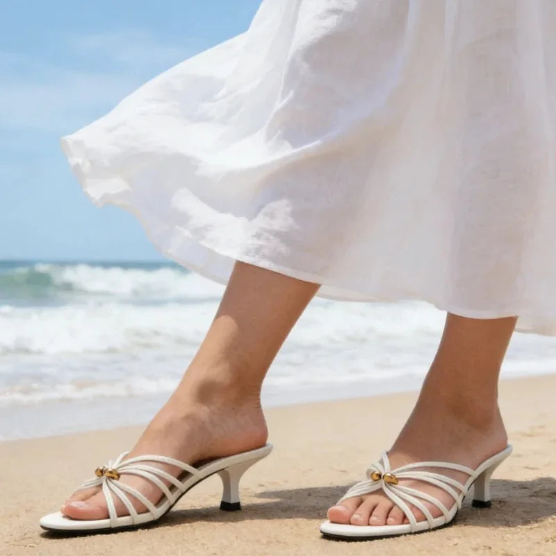 White Narrow Band Design Mid Heel Women's Slippers Sexy Open Toe Slide Sandals for Ladies Metal Embellished Thin Heeled Sandals