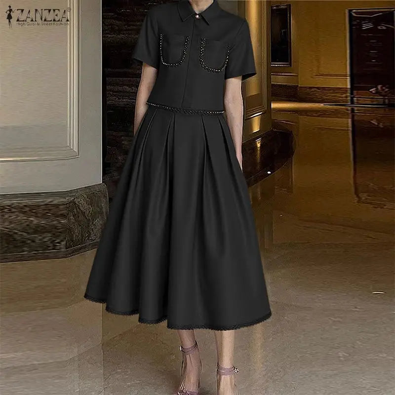ZANZEA Women's Elegant Lace Trim Skirt Suits Casual Short Sleeve Cropped Shirt & Pleated A-Line Skirts 2 Pieces Sets Outfits 3XL