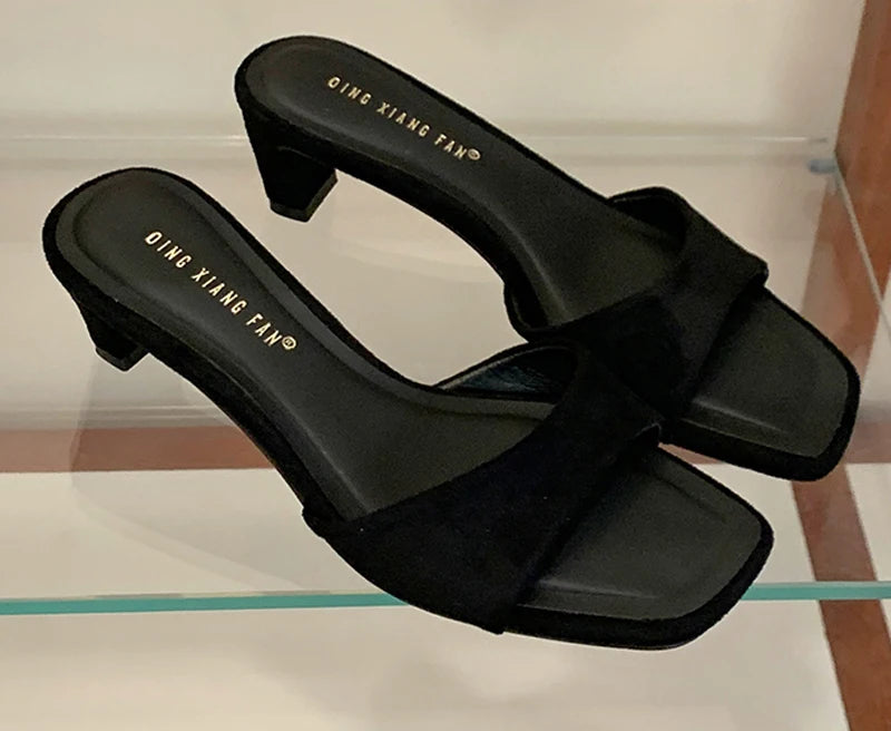 Casual Pull On Square High Heel Slippers Women Summer Footwear Suede Light Blue Backless Slide Brand Designer Party Dress Shoes