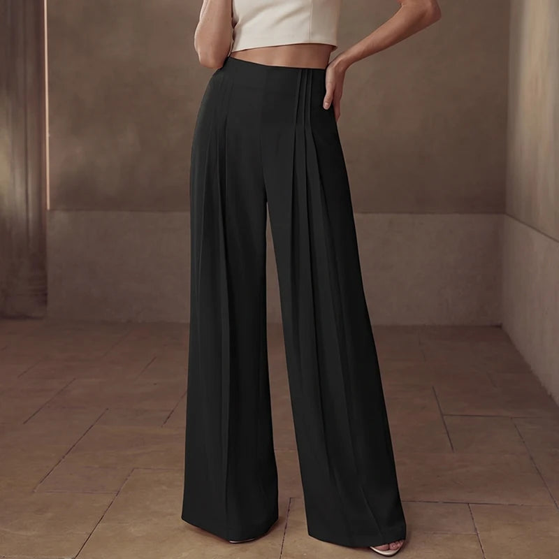 ZANZEA Women Pants Pleated Casual Wide Leg Long Trousers 2026 Summer Office Lady Wide Leg Capris Solid Color Elegant Bottoms