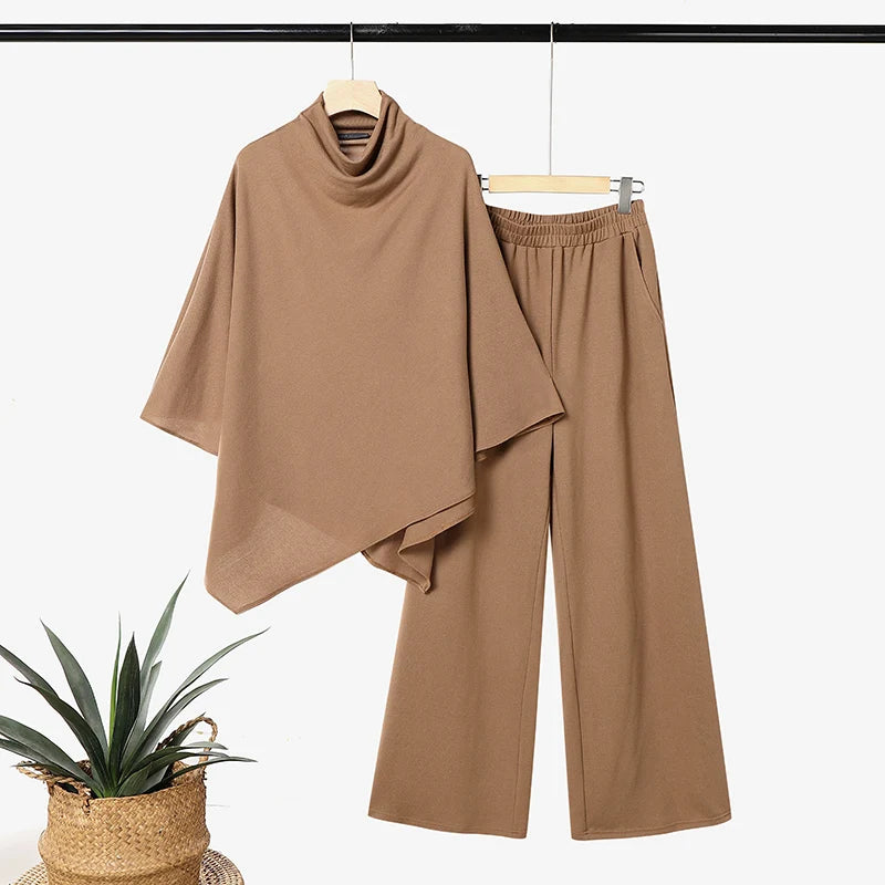 ZANZEA Women Minimalist Pant Sets Autumn Turtleneck 3/4 Sleeve Asymmetrical Hem Blouse & Pant 2pcs Sets Brushed Knit Co-ords