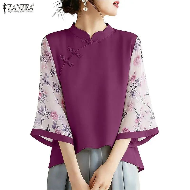 ZANZEA Vintage Style Blouses for Woman Mandarin Collar Floral Printed 3/4 Sleeve Tunic Tops Summer Elegant Blusas de Mujer