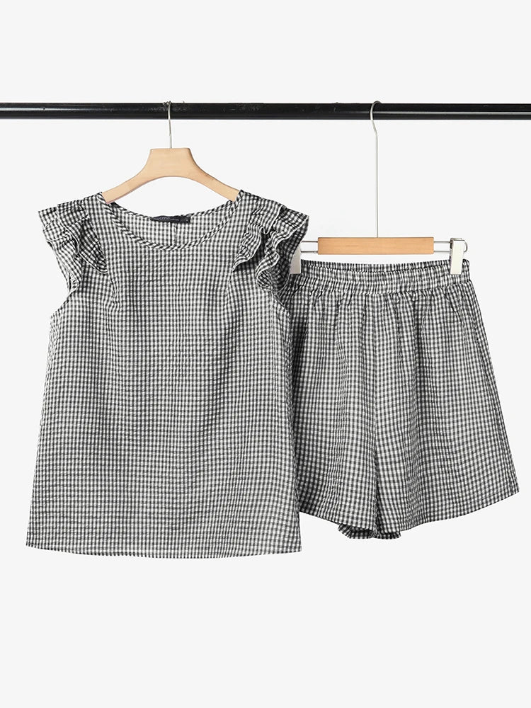 Stylish Smmer 2 Pieces Sets ZANZEA Women Outfits Elegant Sleeveless Blouse Short Sets Plaid Checked Tracksuit 2PCS Holiday Suit