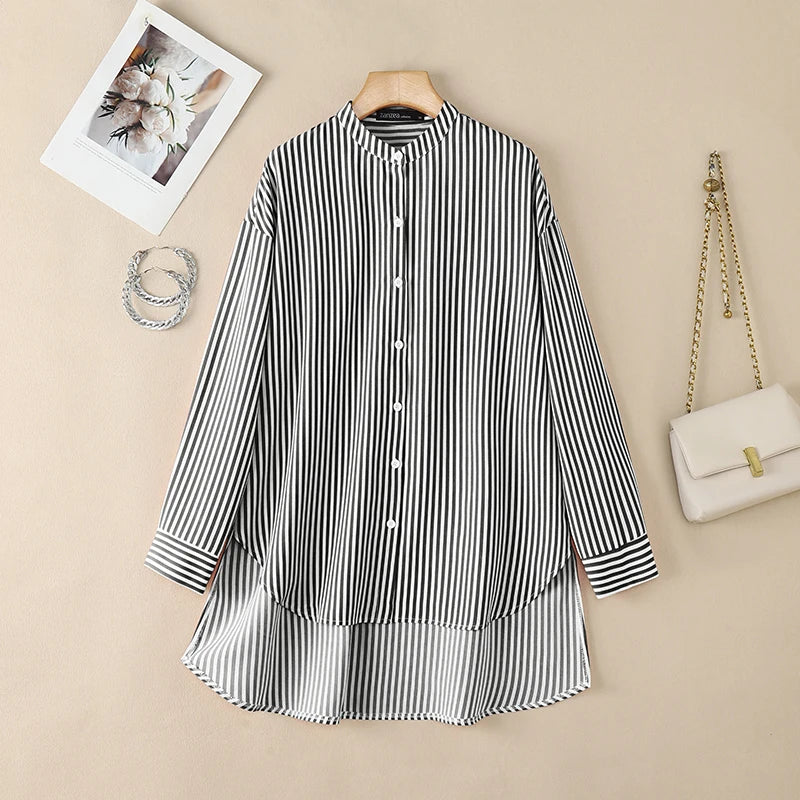 ZANZEA Oversized High-Low Shirts Woman Mandarin Collar Drop-Shoulder Long Sleeve Button Up Blouse Loose Camisas Streetwear 3XL