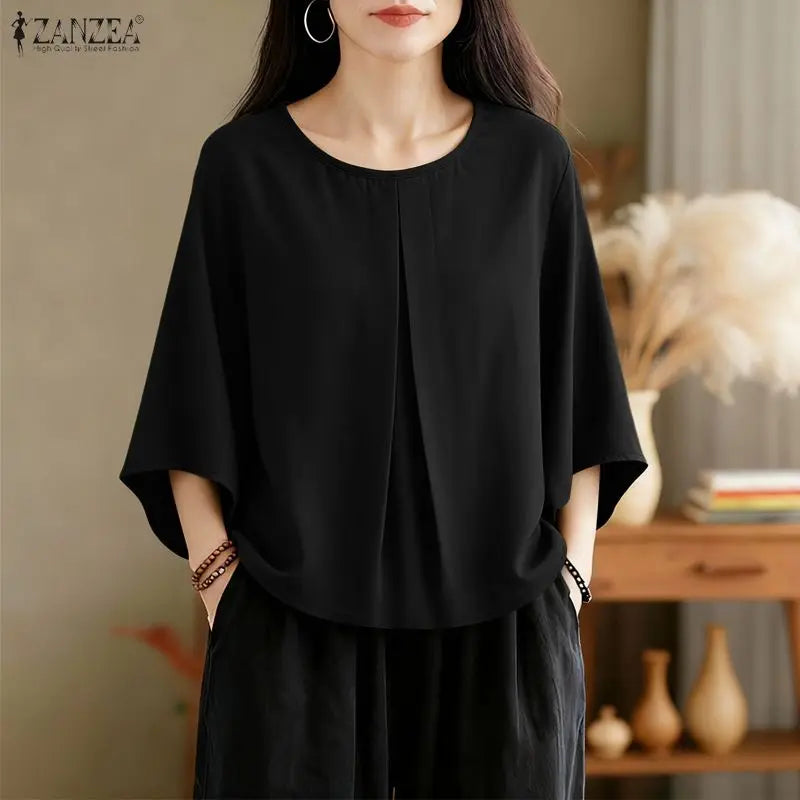 ZANZEA Women's Minimalist Solid Blouses Summer Casual O-Neck 3/4 Flare Sleeves Pleated Loose Tops 2026 Spring Woman Clothes 3XL