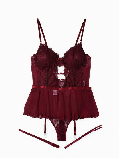 Luxury Burgundy Black Lace Babydoll Lingerie Set Plus Size Sheer Mesh Garter Chemise Thong Intimate Sleepwear