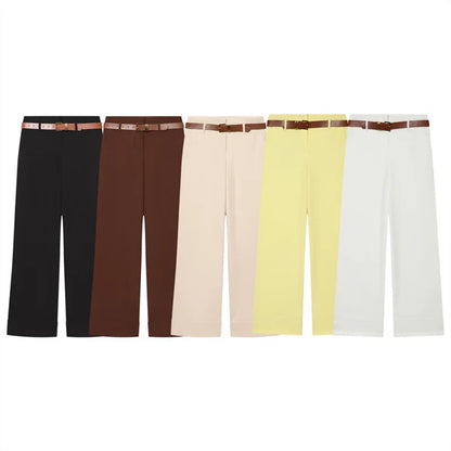 Women Wide Leg Pants With Belt High Waist Straight Trousers Elegant Casual Office Lady Suit Pants Solid Full Length Bottoms