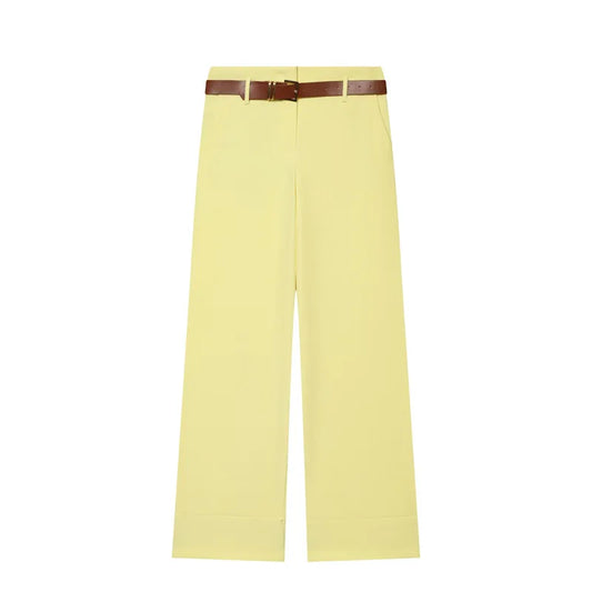 Women Wide Leg Pants With Belt High Waist Straight Trousers Elegant Casual Office Lady Suit Pants Solid Full Length Bottoms