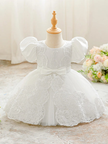 Baby Girls Cute Bow Lace Embroidered Mesh Ball Gown Clothes Infant Birthday Dress Wedding Toddler Princess Party Baptism Frock