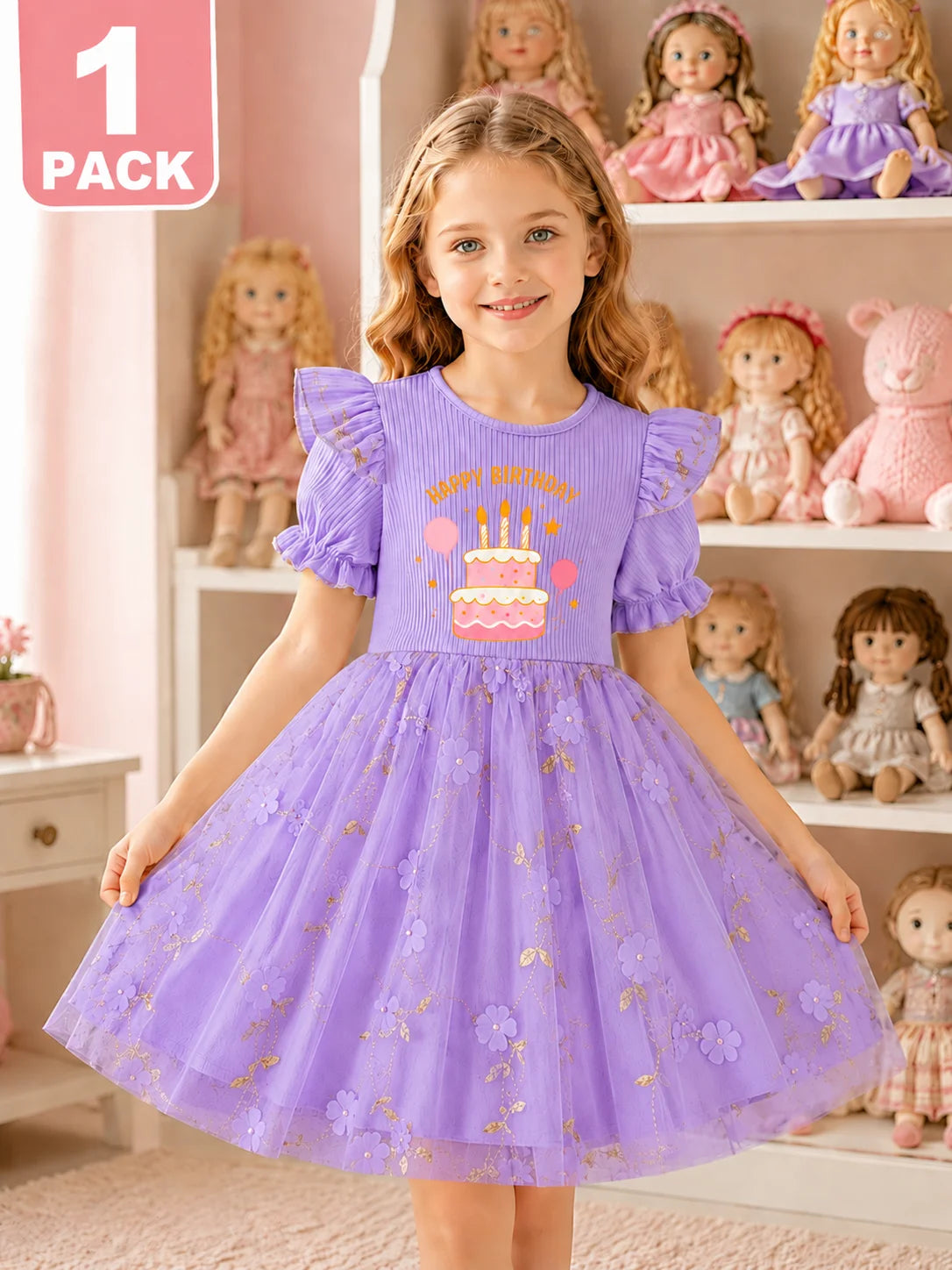 Kids Girls Purple Birthday Cake Print Tulle Dress 3D Floral Embroidery Ruffle Sleeve Party Princess Dress