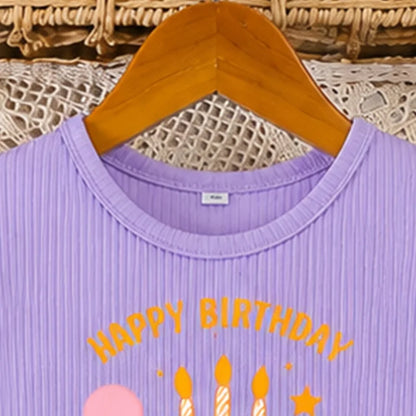 Kids Girls Purple Birthday Cake Print Tulle Dress 3D Floral Embroidery Ruffle Sleeve Party Princess Dress