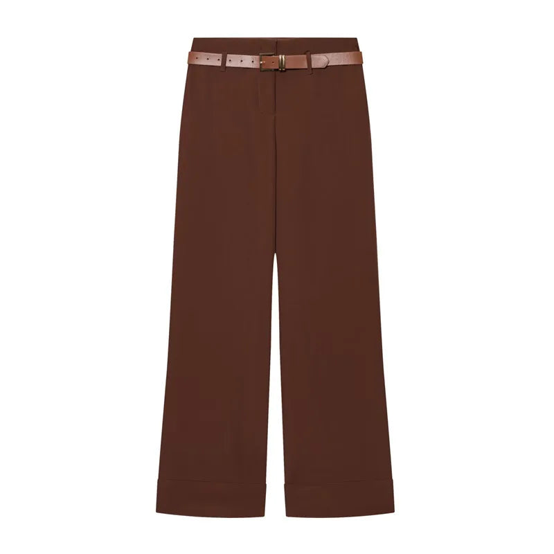 Women Wide Leg Pants With Belt High Waist Straight Trousers Elegant Casual Office Lady Suit Pants Solid Full Length Bottoms