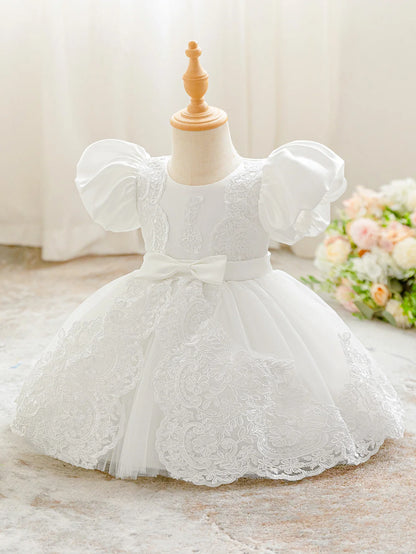 Baby Girls Cute Bow Lace Embroidered Mesh Ball Gown Clothes Infant Birthday Dress Wedding Toddler Princess Party Baptism Frock