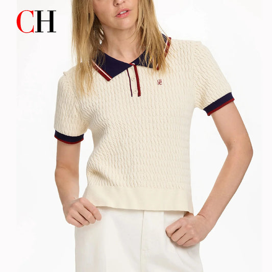 CH Solid Color Embroidered Knit Polo Shirt Women Elegant Short Sleeve Ribbed Trim Office Casual Tops