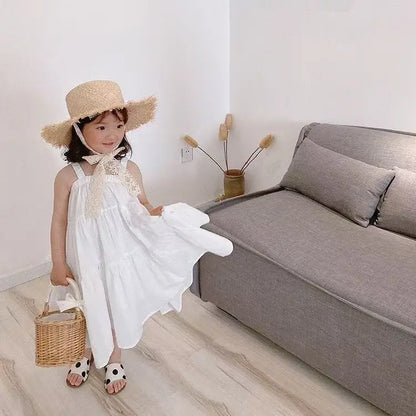 Girls Cotton Solid White Dress Ruffles Kids Strap Dress Summer Sleeveless Toddler Baby Long Dress Girl Clothes 1-6Y Kleid/robe