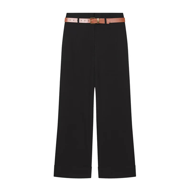 Women Wide Leg Pants With Belt High Waist Straight Trousers Elegant Casual Office Lady Suit Pants Solid Full Length Bottoms