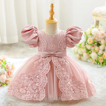 Baby Girls Cute Bow Lace Embroidered Mesh Ball Gown Clothes Infant Birthday Dress Wedding Toddler Princess Party Baptism Frock