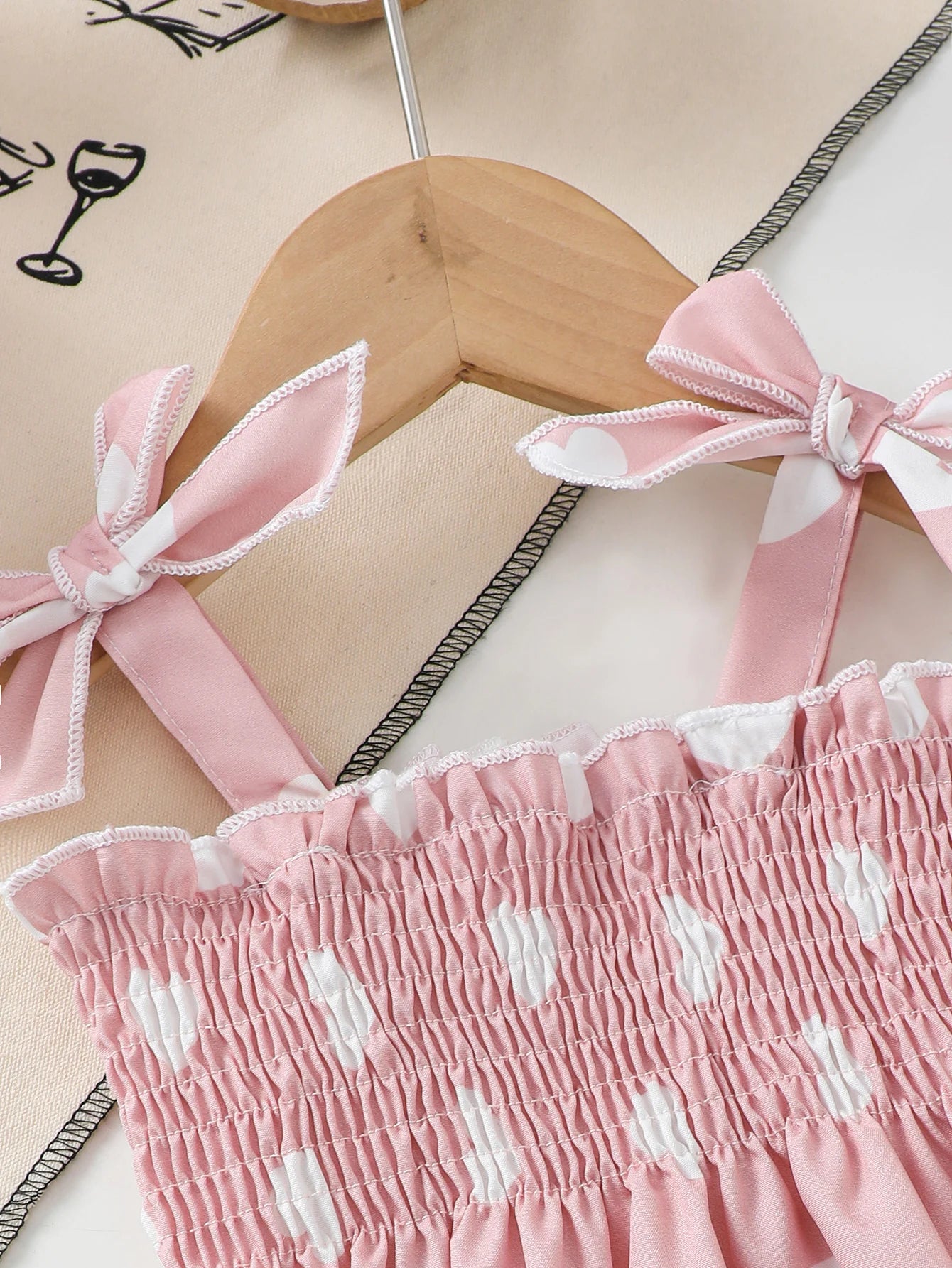 Heart Pattern Baby Girl Outfit with Butterfly Knot Shoulder Straps And Lace Hem Top And Shorts Pink Summer Casual Cute Set