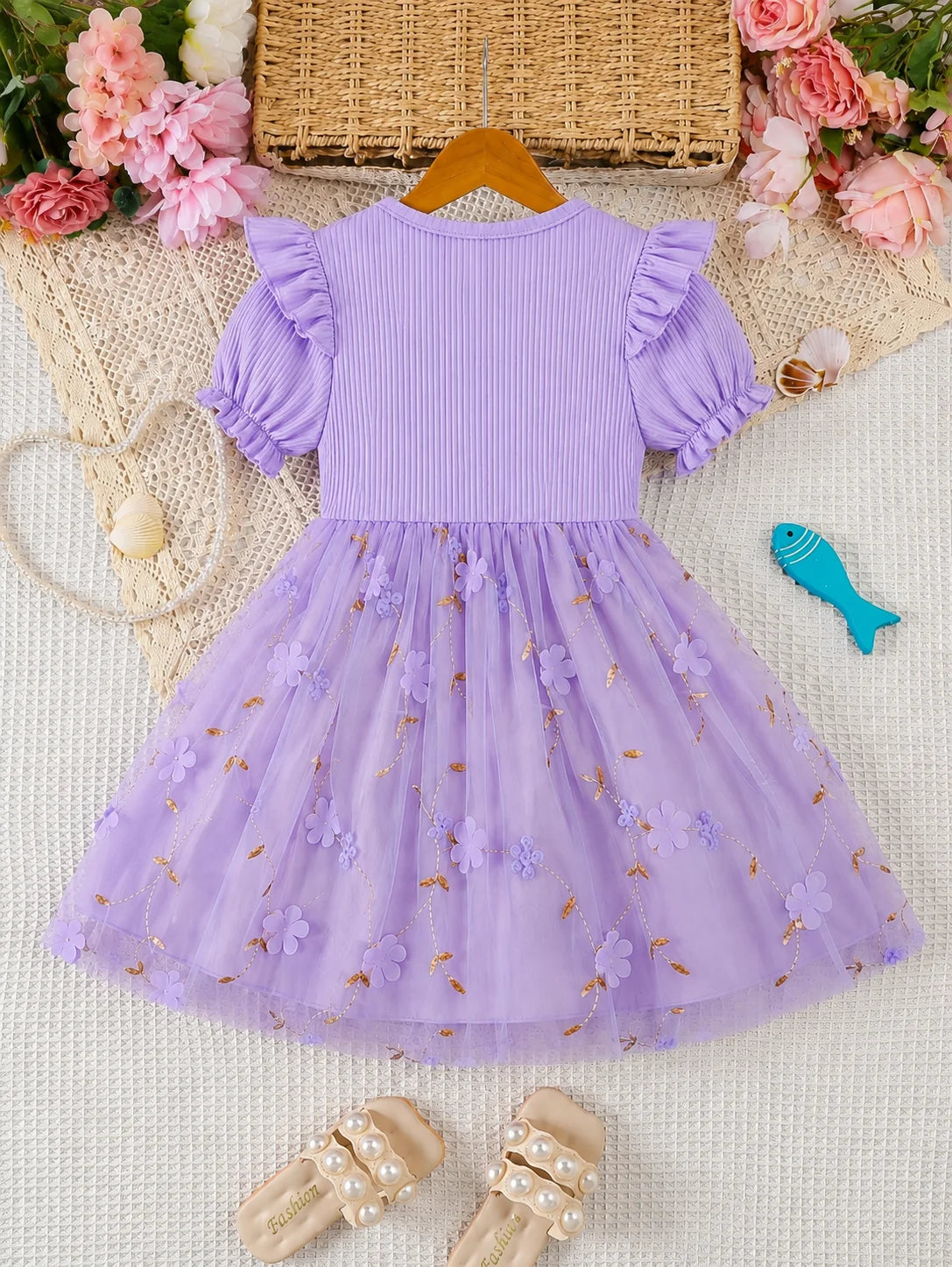 Kids Girls Purple Birthday Cake Print Tulle Dress 3D Floral Embroidery Ruffle Sleeve Party Princess Dress